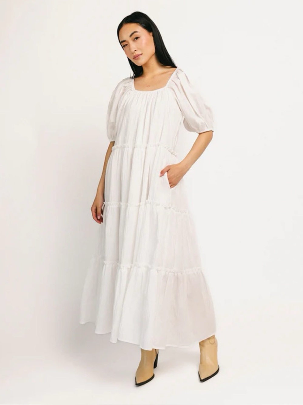 Zoco White Daydreamer Modest Midi Midaxi Maxi Sleeve Cottagecore Dress